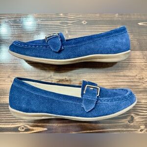 Lands' End Navy Suede Loafers with Gold Buckle